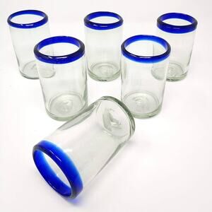 Hand Blown Mexican Drinking Glasses, Set of 6 Juice Glasses Cobalt Blue Rim 7oz
